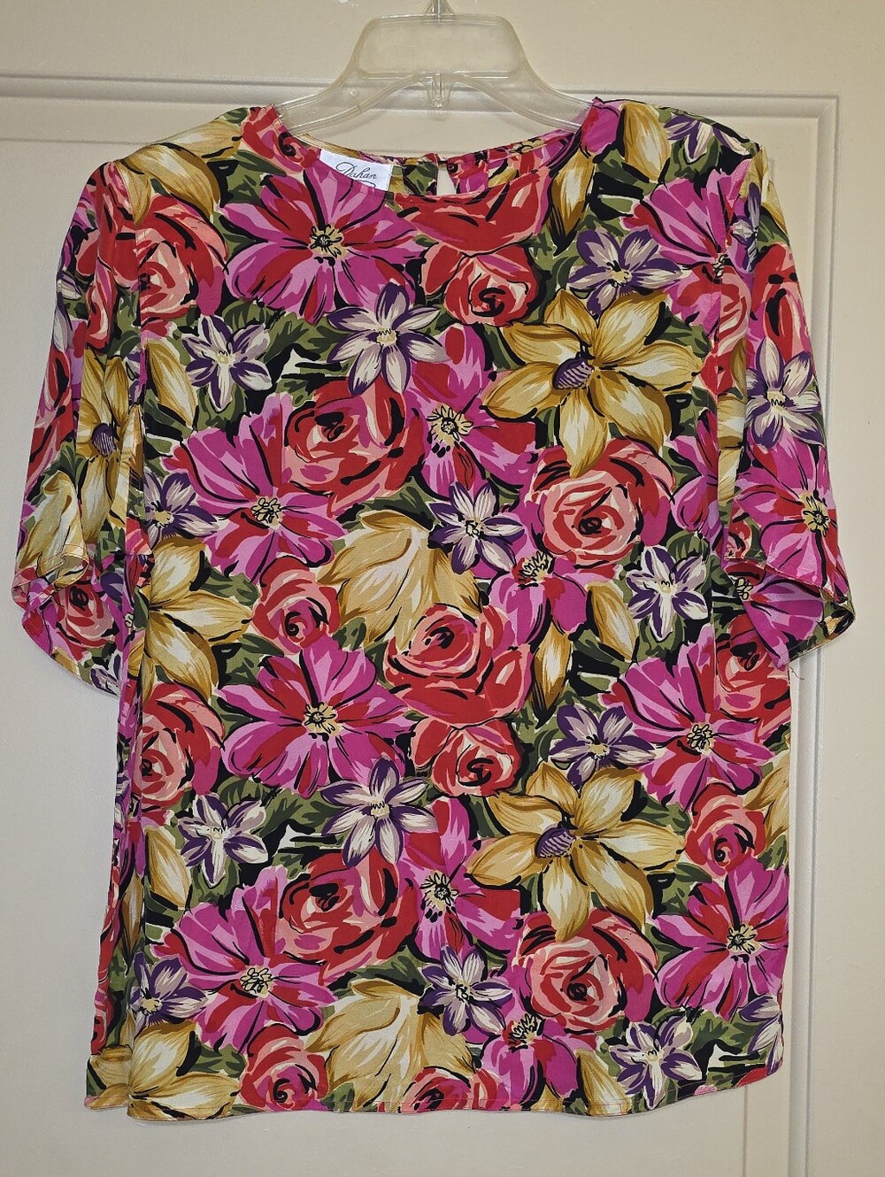 Vintage Dahan 100% Silk Women’s M Multicolor Floral Print Short-Sleeve Top